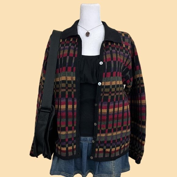 vintage 90s plaid quirky boho wool blend knit cardigan - Picture 1 of 8